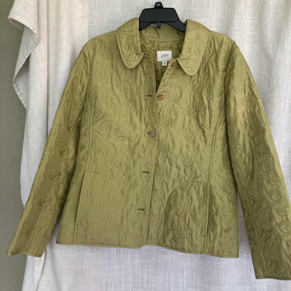 J. Jill olive Green Puffer Jacket Lightweight Quilted Coat 100% silk cottagecore